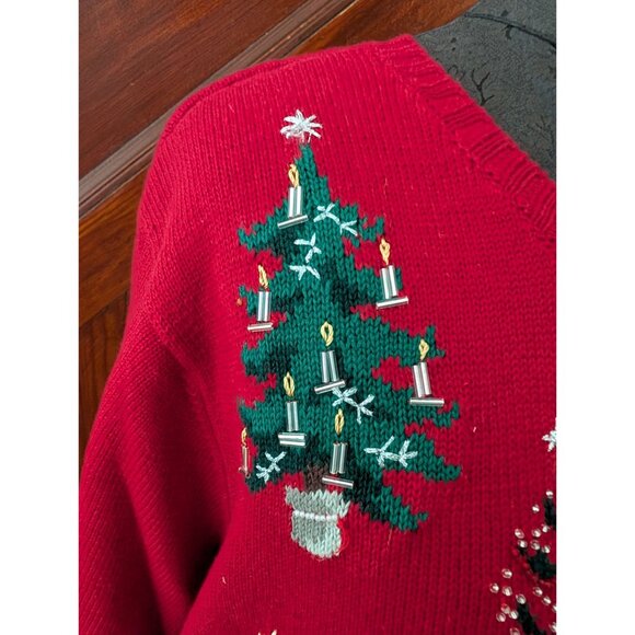 Vintage Talbots Red Christmas Cardigan Sweater Embroidered Trees Beaded Womens M - Picture 3 of 11